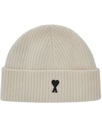 Ami Paris - Wool Beanie With Contrast Logo, Ribbed Hem - Lyst