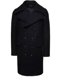DSquared² - Black Coat With Double-breasted Fastening And Branded Buttons In Wool - Lyst