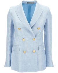 Tagliatore - Light Blue Double-breasted Jacket With Golden Buttons In Linen Blend Woman - Lyst