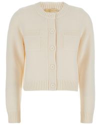 MICHAEL Michael Kors - Wool Crewneck Cardigan With Ribbed Trims - Lyst