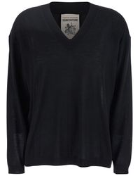 Semicouture - Sweater With V-Neck And Logo Embroidered On The Side - Lyst
