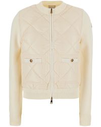 Moncler - Crew Neck Cardigan With Quilted Design On The Front And - Lyst