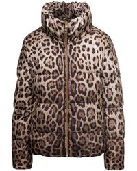 Dolce & Gabbana - Brown Down Jacket With High-neck With All-over Leo Print In Nylon Woman - Lyst