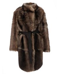 Yves Salomon - Shearling Coat With High Neck And Front Belt Closur - Lyst