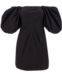Ganni - Mini Black Dress With Puff Sleeves In Cotton Woman - Lyst