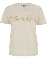 Fendi - Crewneck T-Shirt With Logo Embroidery On The Front And Rhi - Lyst