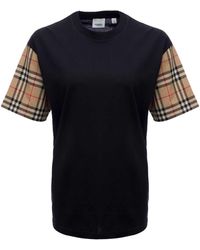 Burberry - Black Cotton T-shirt With Vintage Check Sleeves - Lyst