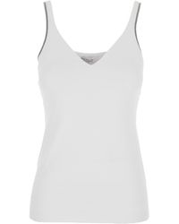 Brunello Cucinelli - Top Smanicato Con Scollo A V E Dettaglio Monile Sul - Lyst