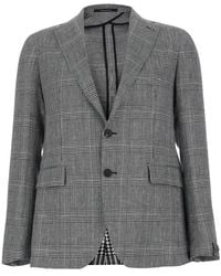 Tagliatore - Grey Single-breasted Jacket With Notched Revers And All-over Houndstooth Motif In Cotton And Linen Man - Lyst