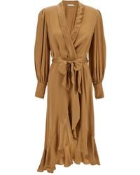 Zimmermann - Midi Asymmetric Beige Dress With Belt In Silk Woman - Lyst