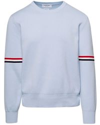 Thom Browne - Light E Crewneck Sweater With Tricolor Band Detail On Sleeves In Cotton Man - Lyst