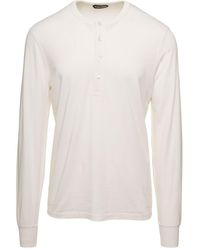 Tom Ford - White Long-sleeved T-shirt With Buttoned Fastening In Lyocell Blend Man - Lyst