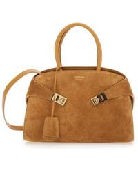 Ferragamo - 'Hug' Beigesmall Handbag With Logo And Gancini Buckle - Lyst