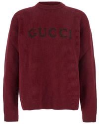 Gucci - Bordeaux Crewneck Sweater With Logo Lettering Embroidery On The Front - Lyst