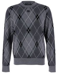 Dolce & Gabbana - Crew Neck Sweater With Front Logo And Diamond Pattern - Lyst