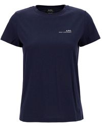 A.P.C. - Blue Crewneck T-shirt With Front Logo Print In Bio Cotton Woman - Lyst