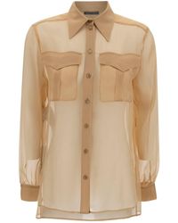 Alberta Ferretti - Beige Shirt With Pointed Collar And Patch Pockets In Silk Chiffon Woman - Lyst