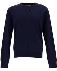 Dolce & Gabbana - Blue Crewneck Sweater With Tonal Logo Embroidery In Wool Man - Lyst