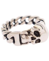 Alexander McQueen 'skull' Silver-colored Chain Ring With Skull Detail Man - Metallic