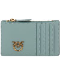 Pinko - Airone Light Blue Card-holder With Logo Patch In Leather - Lyst