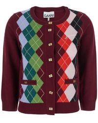 Ganni - Crewneck Cardigan With Jewel Buttons And Gemetric Motif On The Front - Lyst