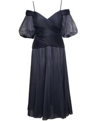 Zimmermann - Black Off-shoulder Pleated Midi Dress In Black Chiffon Woman - Lyst