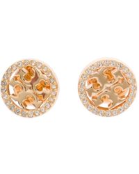 Tory Burch - Gold Earrings With Logo Detail And Rhinestone In Brass - Lyst