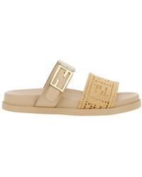 Fendi - 'Feel' Sandals With Metallic Ff Plaque And Embroidered Log - Lyst