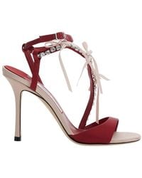 Jimmy Choo - 'Lula' Heeled Sandals With Crystal Straps And Shaped Bows - Lyst