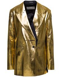 Dries Van Noten - Double-breasted Pinstripe Jacket With Laminated Print In Wool - Lyst