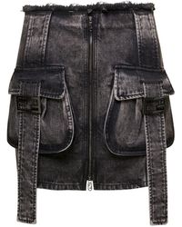 Fendi Black Mini Skirt With Fringed Waistline And Ff Baguette Buckle In Cotton Denim Woman