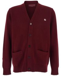 Gucci - Bordeaux Cardigan With V Neck And Gg Embroidery On The Front - Lyst