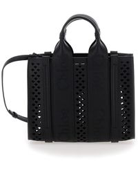 Chloé - 'Piccola Woody' Tote Bag With Perforated Edges And Logo In - Lyst
