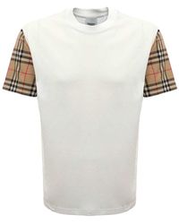 Burberry - White Cotton T-shirt With Vintage Check Sleeves - Lyst