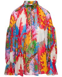 Etro - Multicolor Blouse With Puff Sleeves And All-over Graphic Print In Silk And Cotton Blend Woman - Lyst