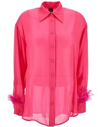 Pinko - 'Circe' Fuchsia Semi-Sheer Shirt With Feathers On Cuffs - Lyst