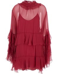 Chloé - Chloã Fuchsia Crewneck Mini Dress With Ruches And Rear Button Closure - Lyst