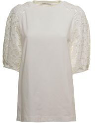 Alberta Ferretti White Cotton T-shirt With Sangallo Short Sleeves