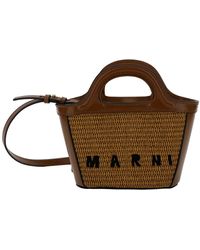 Marni - 'tropicalia Micro' Brown Handbag With Logo Lettering Detail In Leather And Rafia Effect Fabric Woman - Lyst