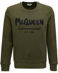 Alexander McQueen Long Sleeves Cotton T-shirt With Logo Print - Green