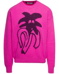 Palm Angels - Fuchsia 'jimmy Intarsia' Jumper With Logo Drawing In Wool Blend Man - Lyst