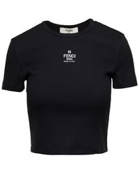 Fendi - T-Shirt A Coste Cropped Con Dettaglio Logo - Lyst