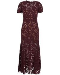 Self-Portrait - Burgundy Long Dress With Lace Details And Round Neckline - Lyst