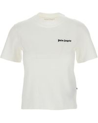 Palm Angels - T-Shirt Girocollo Con Logo Ricamato Bianca - Lyst