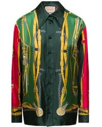 Gucci - Shirt With Harness And Double G Print In Silk - Lyst