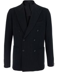 Tagliatore - Tech Fabric Double-Breasted Jacket With Notched Revers And Welt Pockets - Lyst