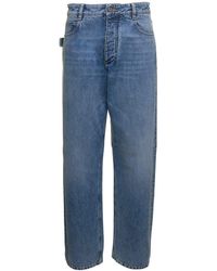 Bottega Veneta - Light E Wide Jeans With Green Leather Patch In Cotton Denim - Lyst