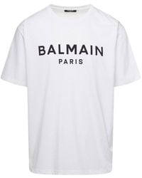 Balmain - White Crewneck T-shirt With Contrasting Logo Lettering Print In Cotton Man - Lyst