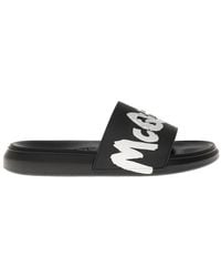 Alexander McQueen - Black Rubber Slide Sandals With Logo - Lyst
