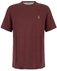 Brunello Cucinelli - Burgundy T-Shirt With Printed Logo On The Chest - Lyst
